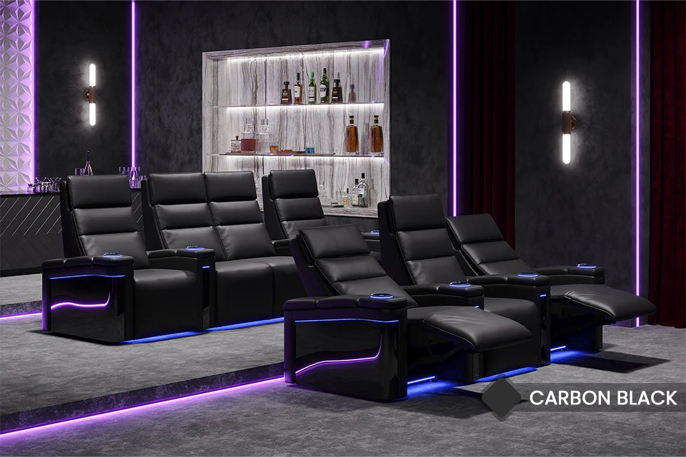 Valencia 2025 New Monza Genuine Leather Home Theater Seating with Carbon Fiber Panel - 3-Seater Row, Black | Perfect for Home Cinema, Gaming & Entertainment Rooms