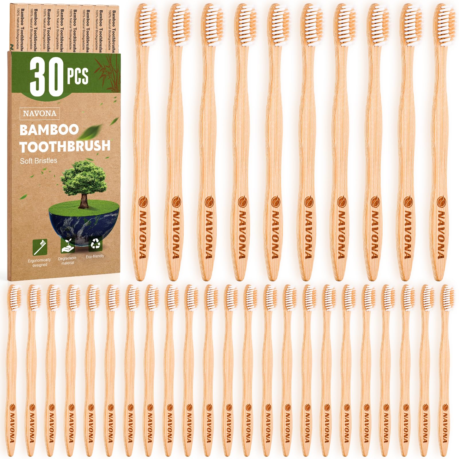 30 PCS Bamboo Toothbrushes for Adults - BPA Free Soft Bristles, Eco-Friendly Natural Wooden Toothbrush Bulk Pack with 2 Reusable Travel Toothbrushes | Perfect for Home, Travel & Sustainable Oral Care