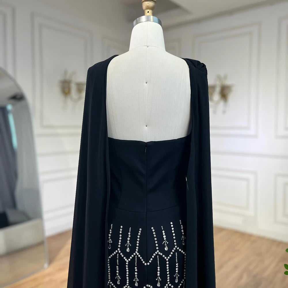 Elegant Black Mermaid Evening Dress with Cape Feather - Arabic Prom Formal Gown for Women | Perfect for Weddings, Parties & Special Occasions | Serene Hill LA72410