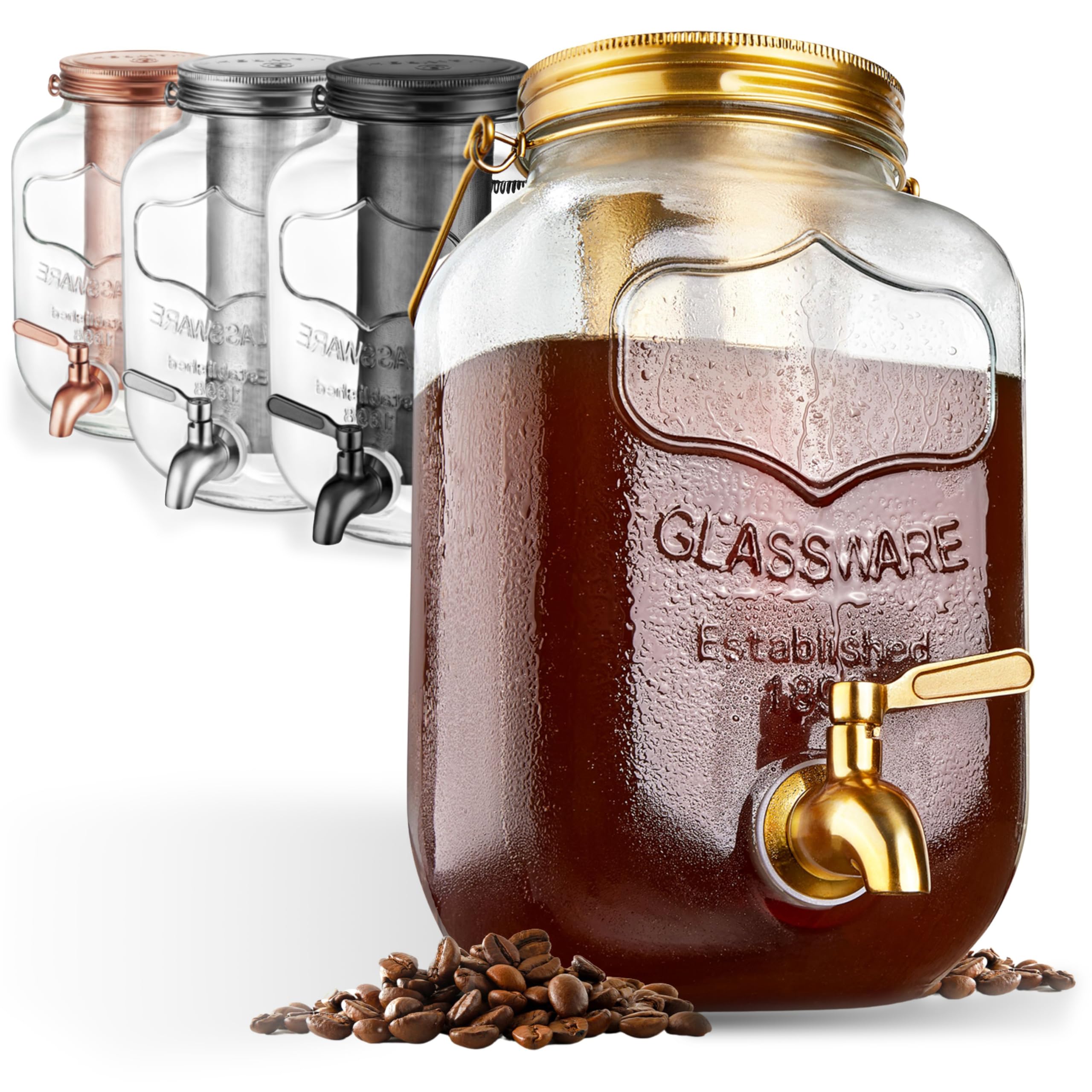 128 oz Cold Brew Mason Jar - 1 Gallon Glass Pitcher with Filter for Iced Coffee & Tea | Home Brewing System | Perfect for Kitchen, Office & Outdoor Use (Gold)