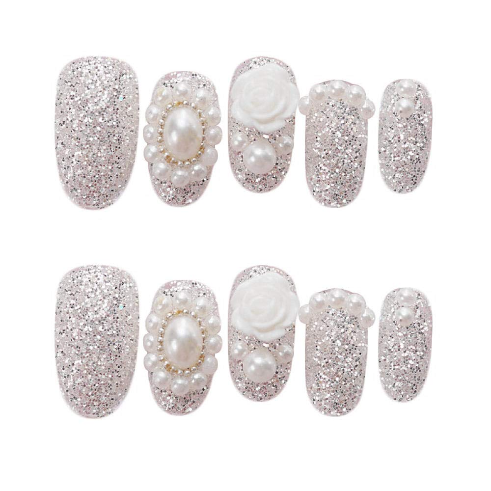 24PCS HUJL False Nails Set - Round Silver Fake Nails with White Flower Pearl Applique for Bridal Wedding, Manicure, Party & Special Occasions