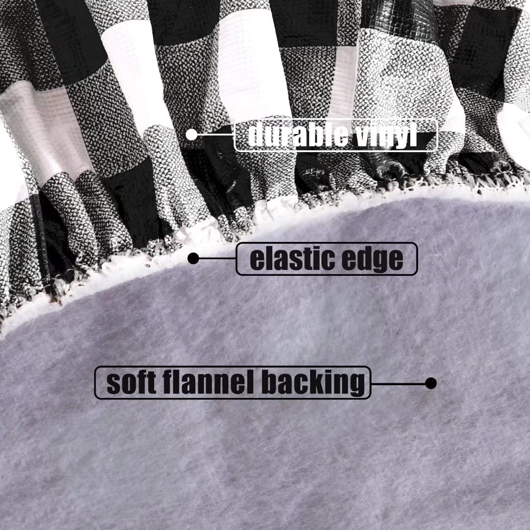 Fitable Vinyl Round Elastic Tablecloth with Flannel Backing - Waterproof Plaid Picnic Table Cover for Indoor & Outdoor Use, Black & White (Fits 57