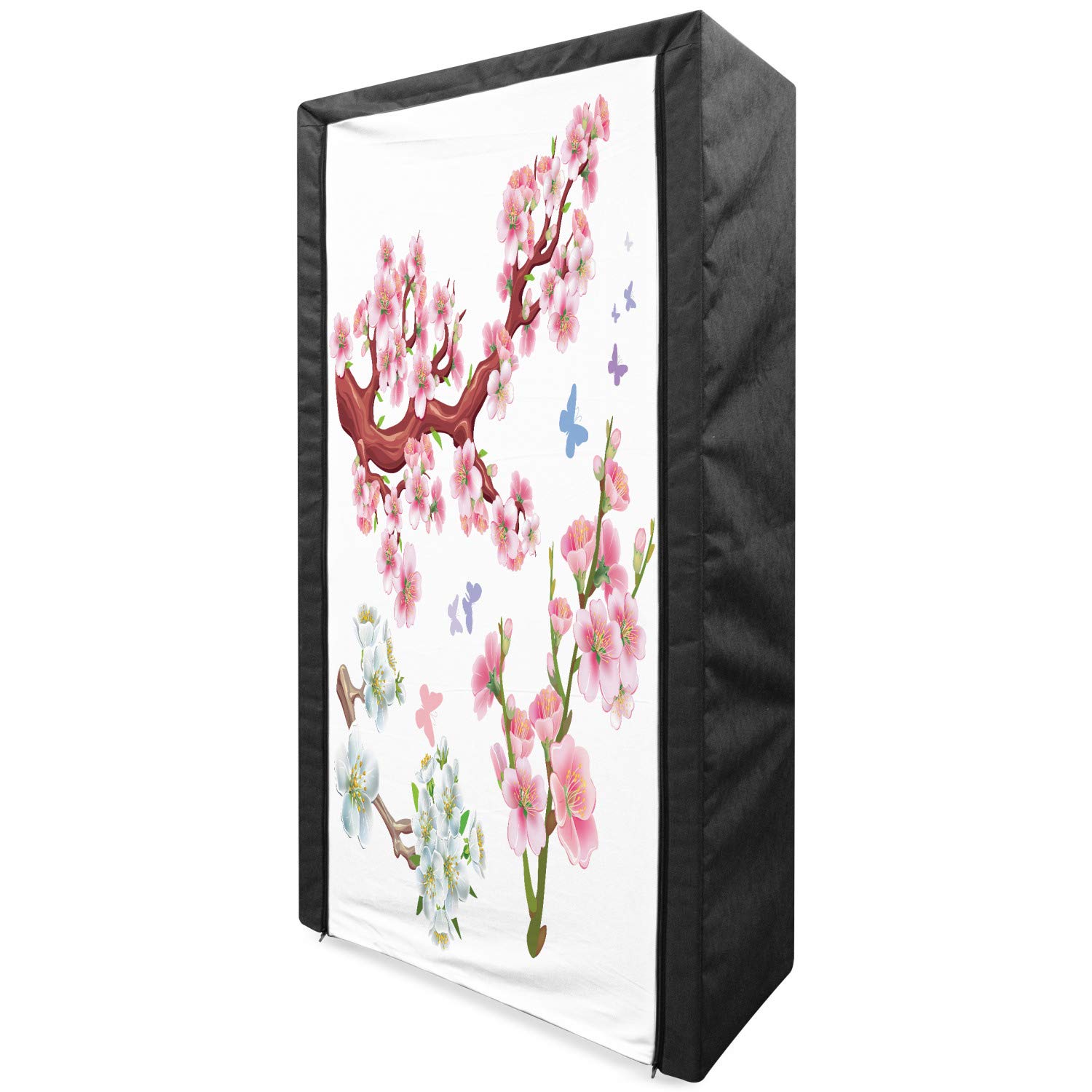 Ambesonne Floral Portable Fabric Wardrobe with Shelves | 33.5 Inch Clothing Organizer & Storage Closet | Colorful Spring Garden Theme with Flowering Branches Print | Pink, Brown & Green | Perfect for Bedroom, Dorm or Small Space Organization