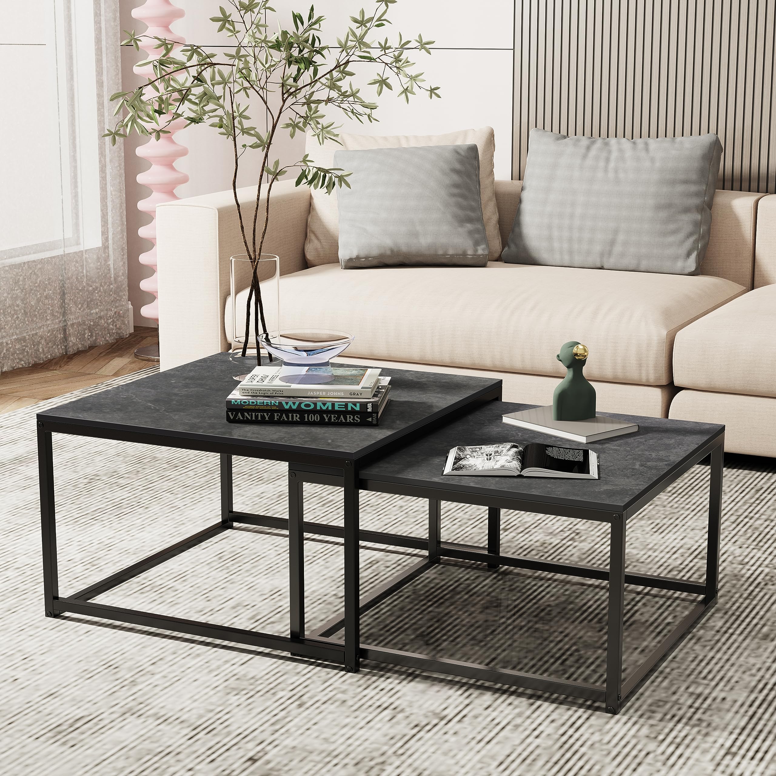 Wisfor 2-Piece Nesting Coffee Table Set with Sintered Stone Top & Metal Frame - Modern Black End Tables for Living Room, Small Space Furniture for Apartments & Dorms