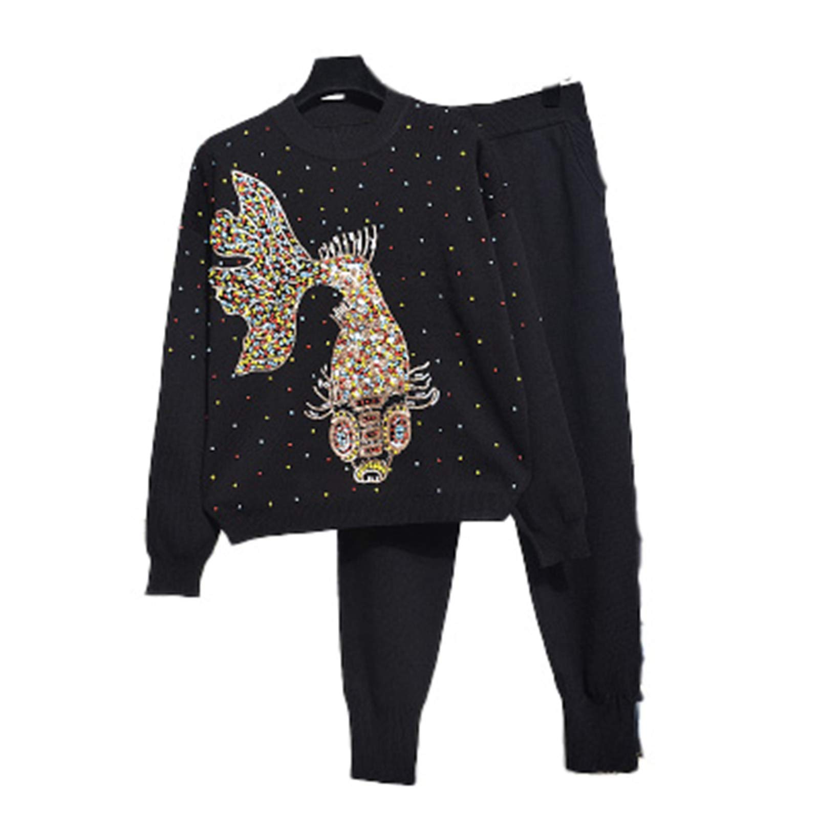 MNXOIA Women's Spring Knit Sweater Set - Goldfish Embroidery Casual 2-Piece Tracksuit with Pants | Cozy Outfit for Daily Wear, Office & Weekend Outings