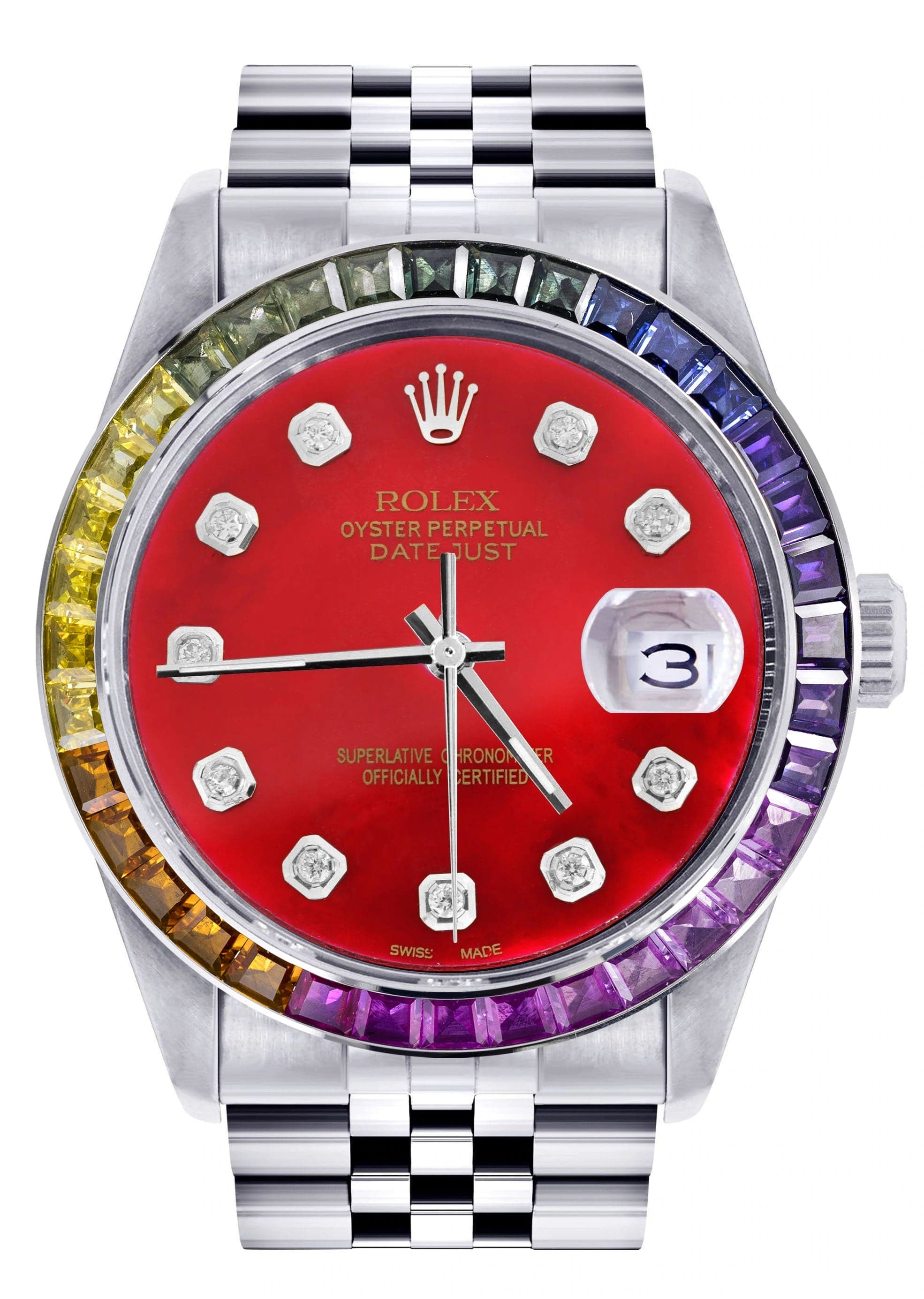 Luxury Diamond Gold Rolex Watch For Men - 16200 Model | 36mm Stainless Steel | Rainbow Sapphire Bezel | Red Dial | Jubilee Bracelet | Perfect for Gifts, Weddings & Special Occasions