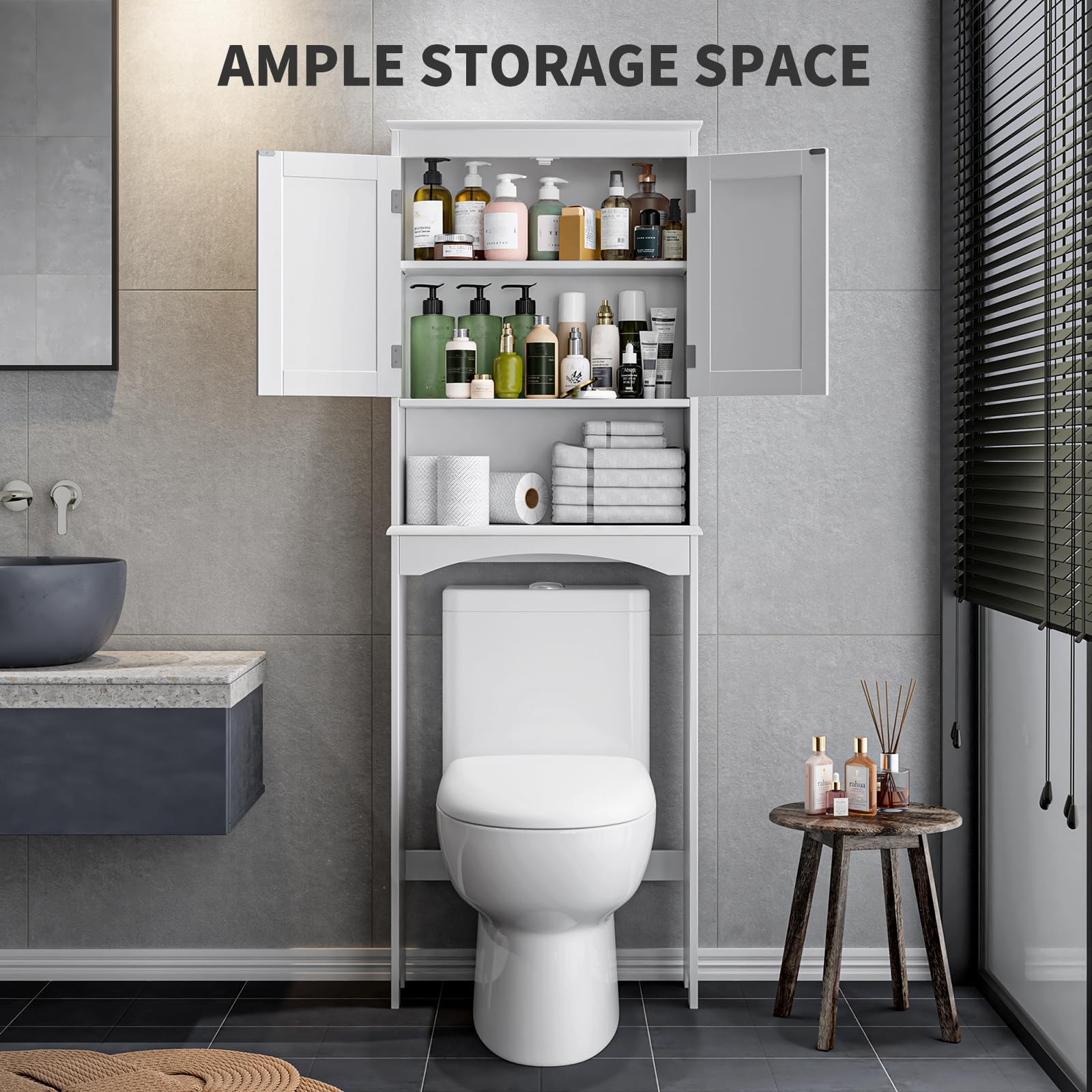Bealife Over The Toilet Storage Cabinet with Adjustable Open Shelf & Double Doors - White | Bathroom Organizer for Towels, Toiletries & Cleaning Supplies | Space-Saving Freestanding Design for Small Bathrooms