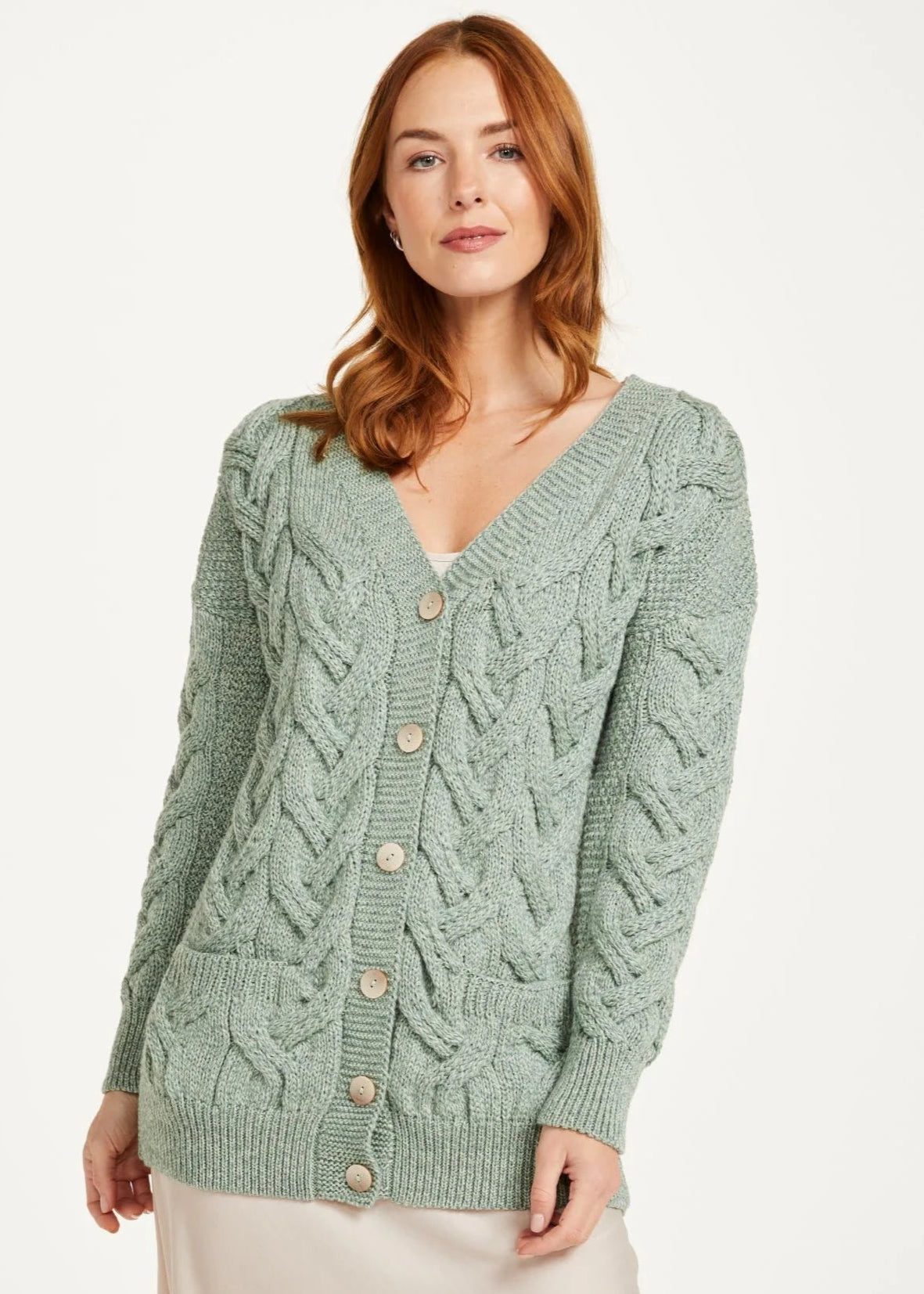 Women's Aran Cardigan Sweater - Soft Knit Cable Pullover in Mint Green for Fall & Winter Fashion | Cozy Casual Wear for Outdoors & Office