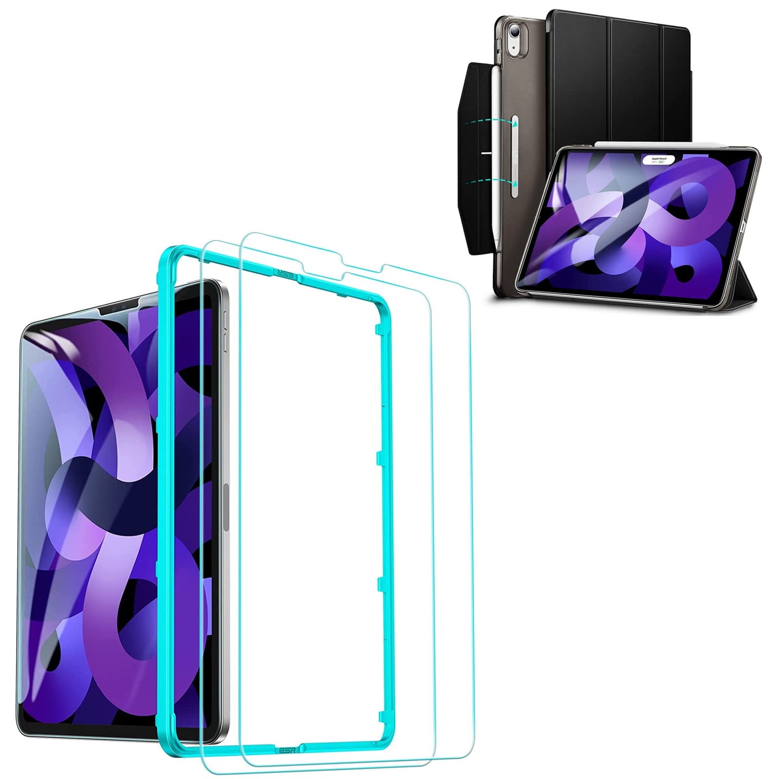ESR 2 Pack Tempered Glass Screen Protector & Magnetic Case Compatible with iPad Air 5 (2022) / iPad Air 4 (2020) - Anti-Scratch Protection for Home, Office & Travel Use