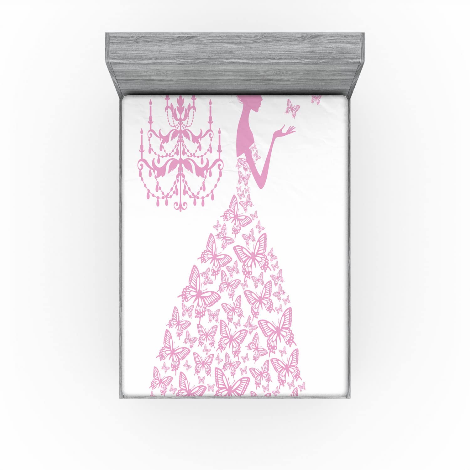 Ambesonne Queen Size Fitted Sheet - Pink & White Butterfly Cartoon Romance Design, Deep Pocket All-Around Elastic Bed Cover for Girls | Perfect for Kids' Rooms, Teen Bedrooms & Romantic Bedroom Decor