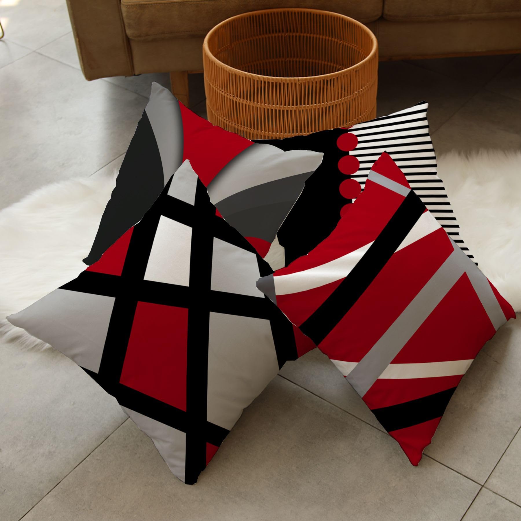 Red and Black Decorative Throw Pillows Set of 4 - 18x18 Inch Geometric Abstract Square Pillow Covers with Zipper for Sofa, Couch, Bed - Perfect for Living Room, Outdoor Patio & Home Decor