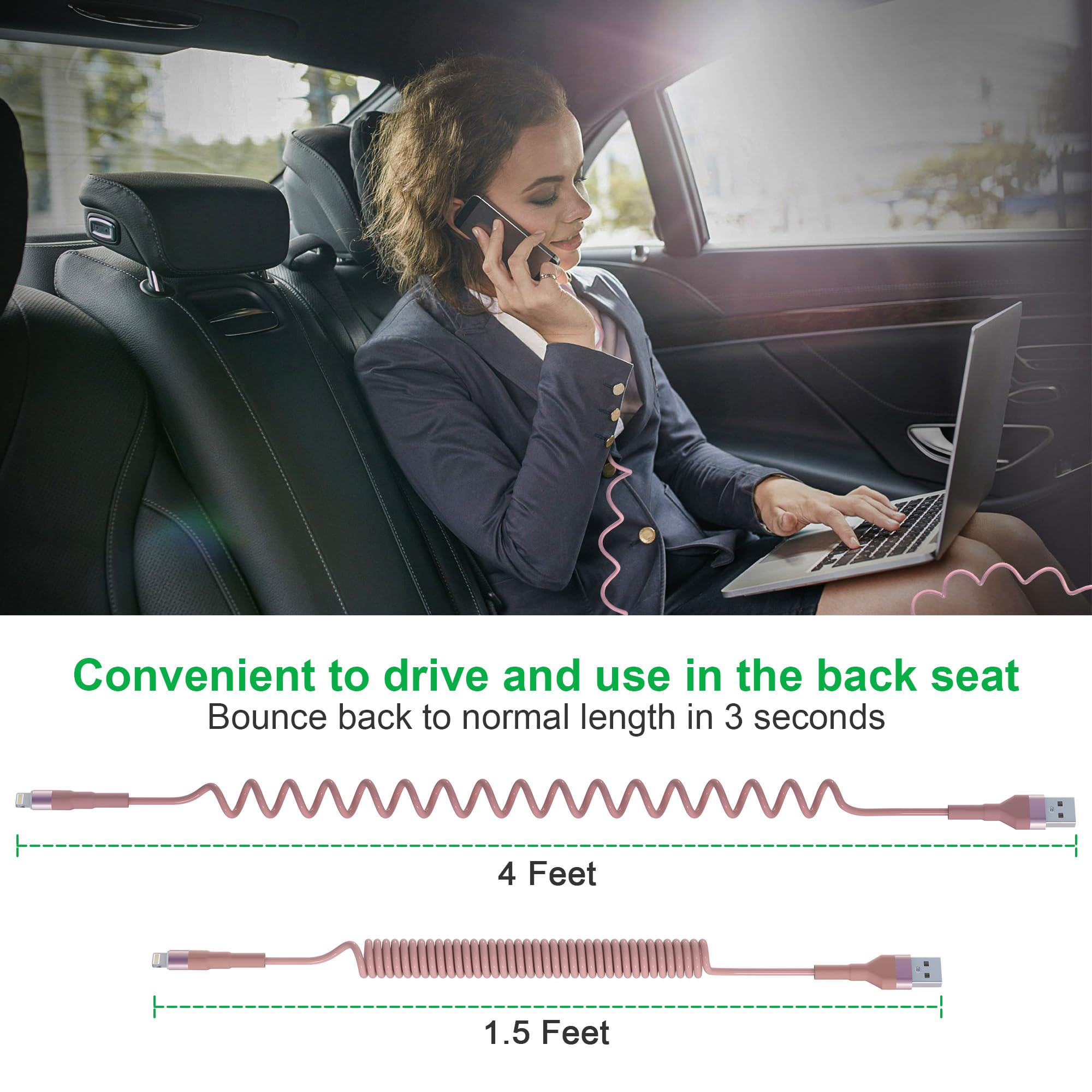 MFi Certified Coiled USB to Lightning Cable - 2 Pack Pink iPhone Car Charger for Apple CarPlay & Data Sync - Durable Fast Charging Cable for iPhone in Car, Home & Office Use