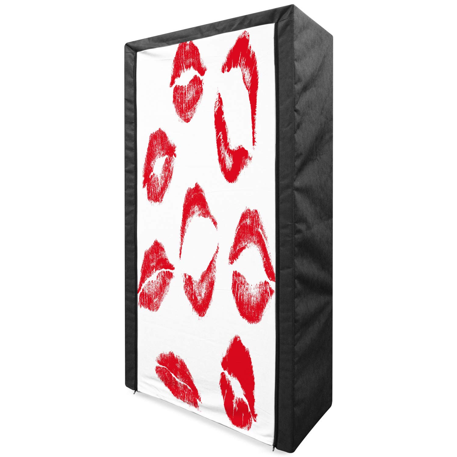 Ambesonne Portable Fabric Wardrobe with Shelves - 33.5 Inch Clothing Organizer Storage Closet, Red & White Kiss Marks Design, Seductive Lipstick Trace Grunge Look - Perfect for Bedroom, Closet Organization & Small Space Storage Solutions