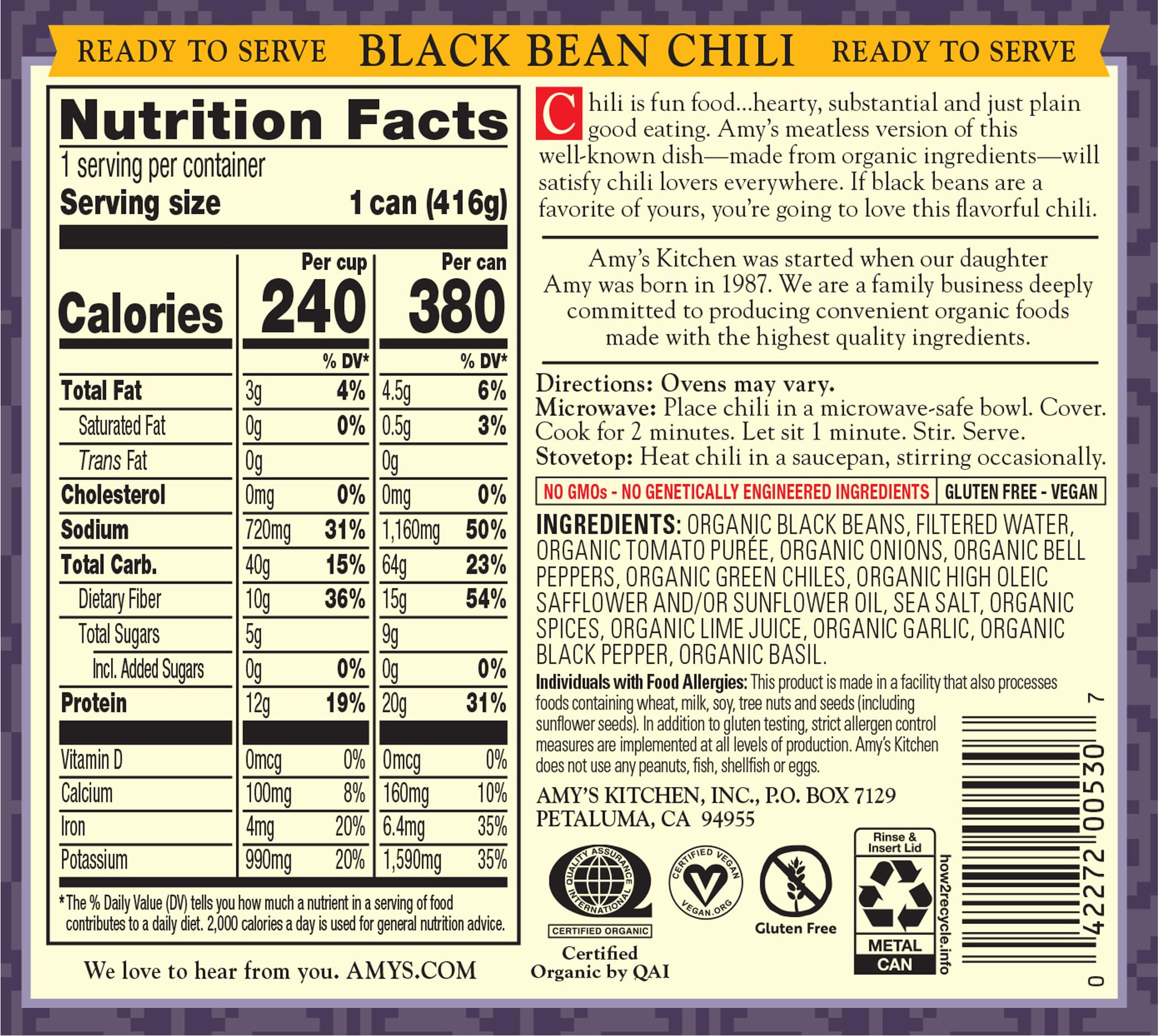 Amy's Organic Vegan Medium Black Bean Chili - Gluten Free, Low Fat, Non-GMO - 14.7 Oz (12 Pack) - Perfect for Quick Lunches, Camping & Emergency Food Storage