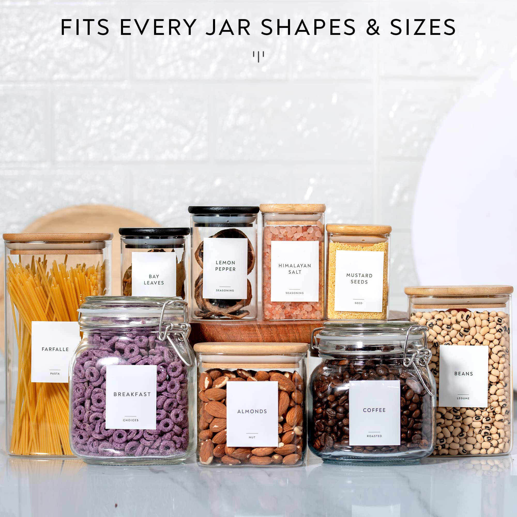 242-Pack Minimalist Pantry Labels - Waterproof Vinyl Stickers with Removable Adhesive (Black Text on White) - Fits Round, Square & Rectangle Glass Jars - Perfect for Organizing Baking Ingredients, Grains, Beans & Snacks - Ideal for Kitchen, Pantry & Food Storage Organization