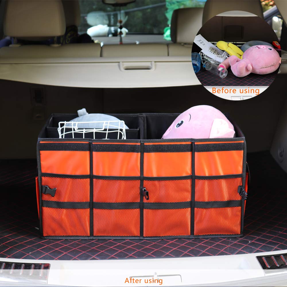 Collapsible Car Trunk Organizer with Non-Slip Straps - Large Multi-Compartment Storage for SUV, Truck, Minivan (Orange, Coverless) - Perfect for Road Trips, Grocery Shopping & Sports Equipment Storage