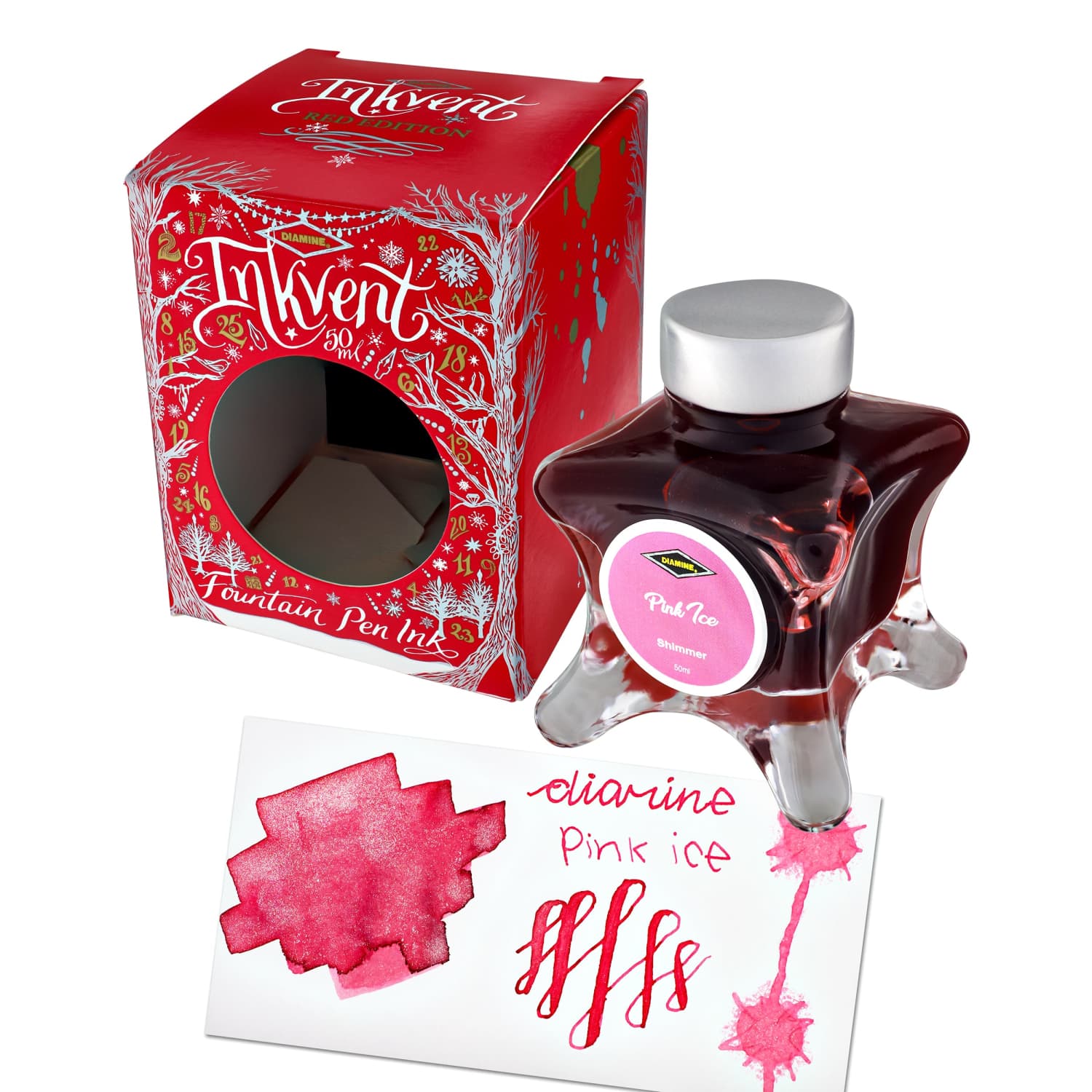Diamine Inkvent Red Edition Shimmering Pink Ice Fountain Pen Ink - 50mL Bottle for Calligraphy, Journaling & Artistic Writing