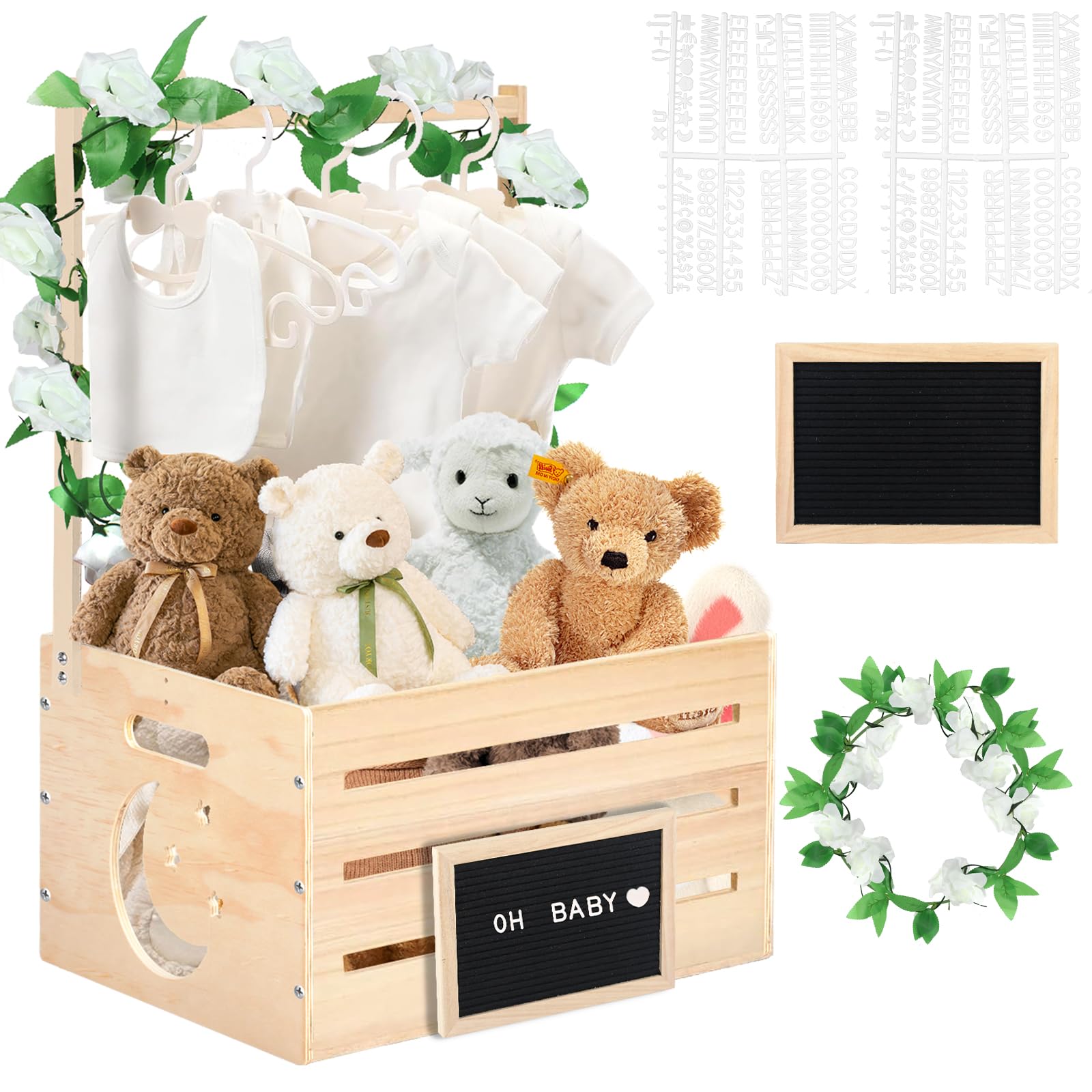 Wooden Baby Shower Gift Basket with Handle - DIY Felt Blackboard Storage Crate & Hamper for Newborn - Perfect for Baby Shower Decor, Pregnancy Gifts & New Parent Essentials - Nursery Organization & Party Decorations