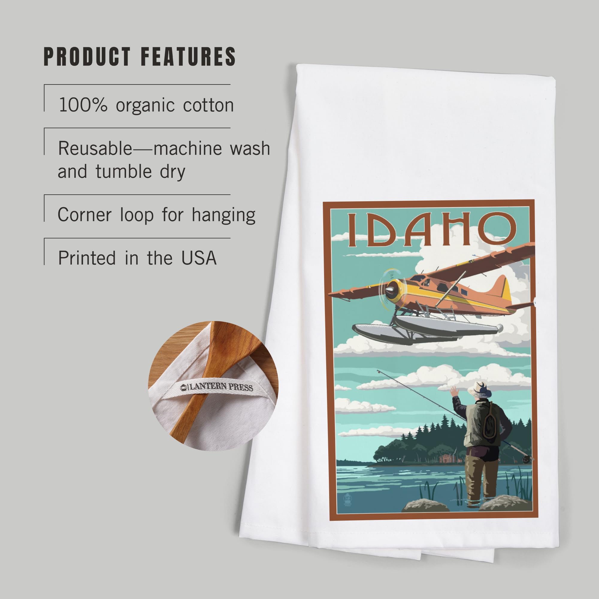 Lantern Press Idaho Float Plane and Fisherman Tea Towel - 100% Cotton Decorative Hand Towel for Kitchen & Home - Perfect for Dish Drying, Gift Giving, and Cabin Decor