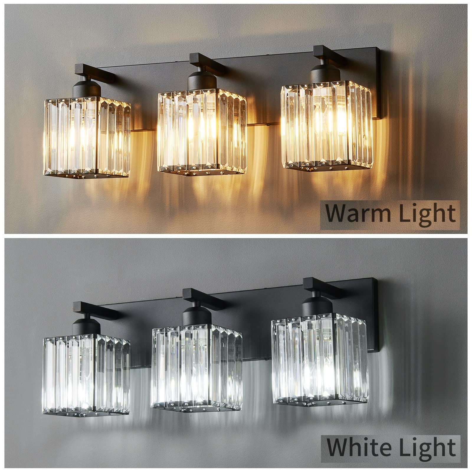 Modern Black Crystal Bathroom Vanity Light - 3-Lights Wall Sconce Fixture for Makeup Mirror & Dressing Area, Water-Resistant Elegant Lighting for Powder Room & Master Bath