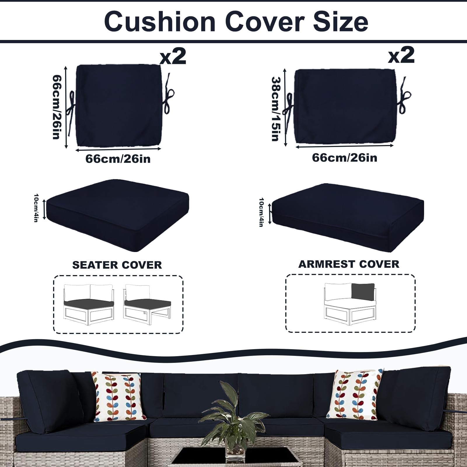 Waterproof Outdoor Patio Cushion Covers with Zipper - Replacement Slipcovers for Wicker Rattan Sectional Couch & Chair (Set of 4, Dark Blue, Small Size) - Perfect for Garden, Poolside & Patio Furniture Protection
