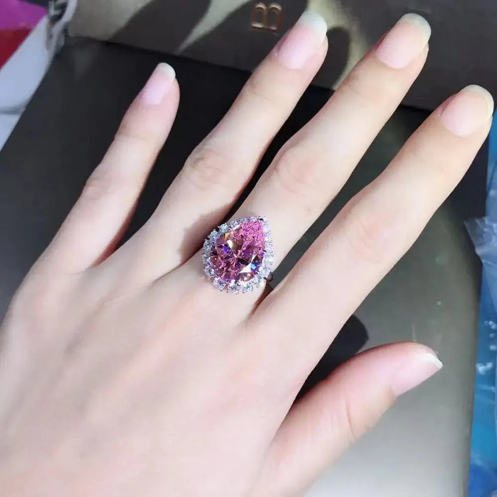 WUIHA Classic 925 Sterling Silver Pear Cut 10 CT 3EX VVS Pink Created Moissanite Wedding Engagement Customized Ring - Fine Jewelry for Women, Bridal Proposal, Anniversary Gift & Special Occasions