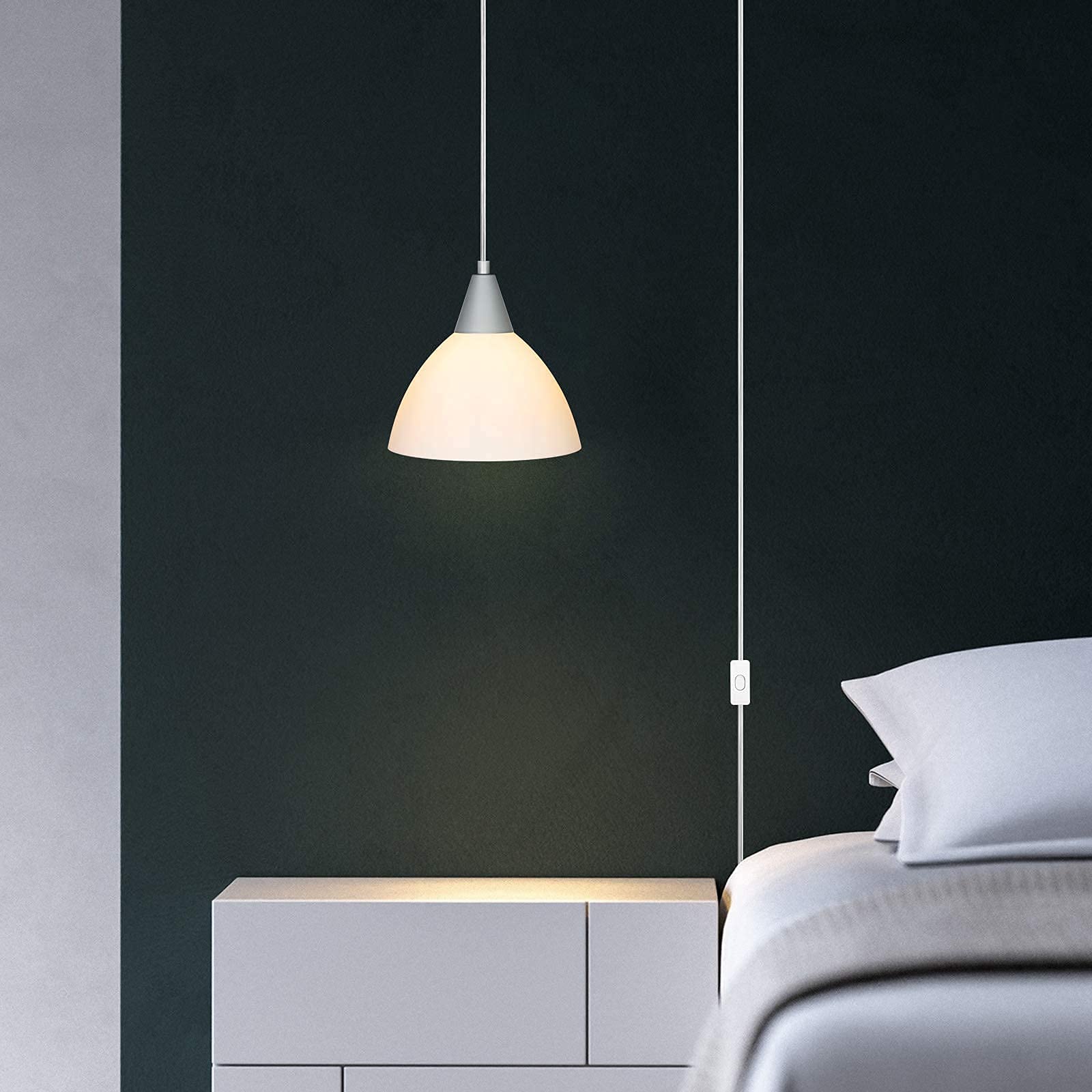 DEWENWILS Plug-in Pendant Light with 15Ft Clear Cord & On/Off Switch - 2 Pack Frosted White Plastic Shade Hanging Ceiling Light for Living Room, Bedroom, Dining Room - Perfect for Modern Home Decor & Cozy Ambiance