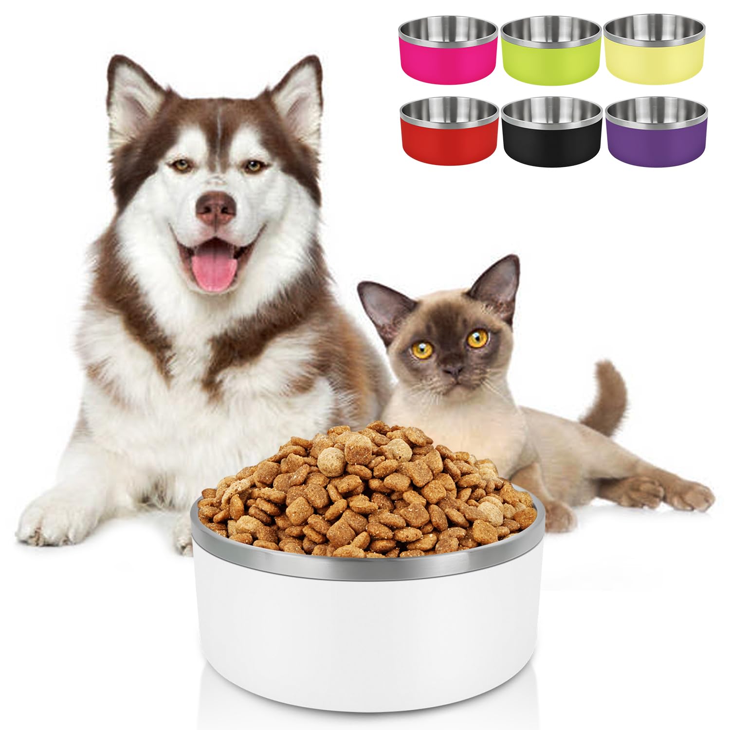 LIHONG Stainless Steel Dog Bowls for Large Dogs - 64oz Double Wall Insulated Pet Food & Water Bowl with Non-Slip Rubber Base, Rustproof (White) - Perfect for Indoor/Outdoor Feeding, Travel & Daily Use