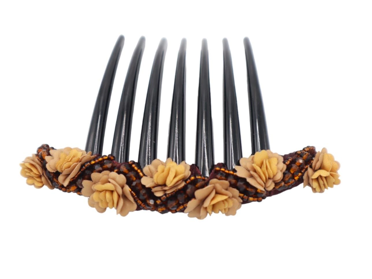 Handmade Fabric Daisy Flower Side Comb Hair Accessories for French Twist & Wedding Hairstyles - Decorative Brown Hair Comb for Bridal, Prom & Special Occasions