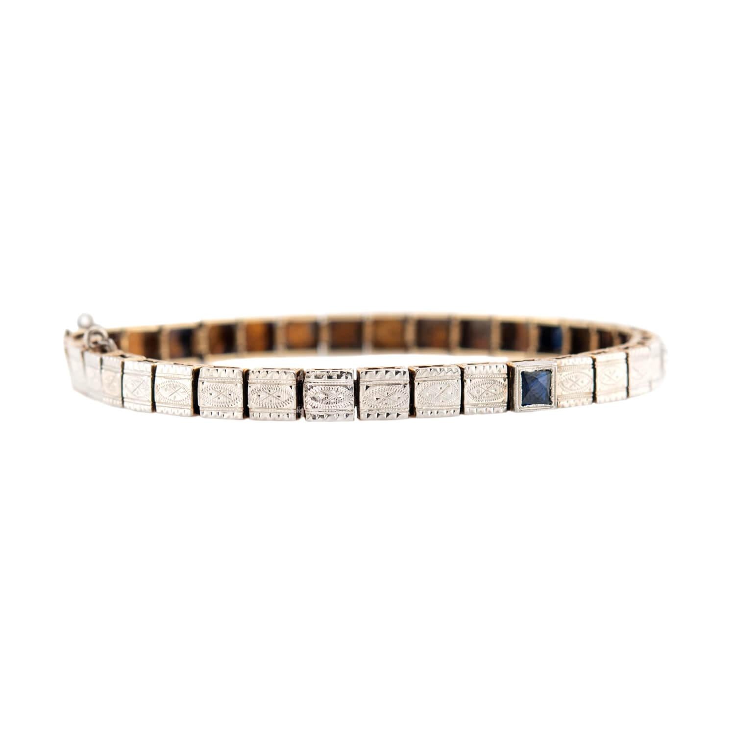 Edwardian 14k Gold & Platinum Sapphire Diamond Line Bracelet - Vintage Jewelry for Weddings, Anniversaries & Special Occasions