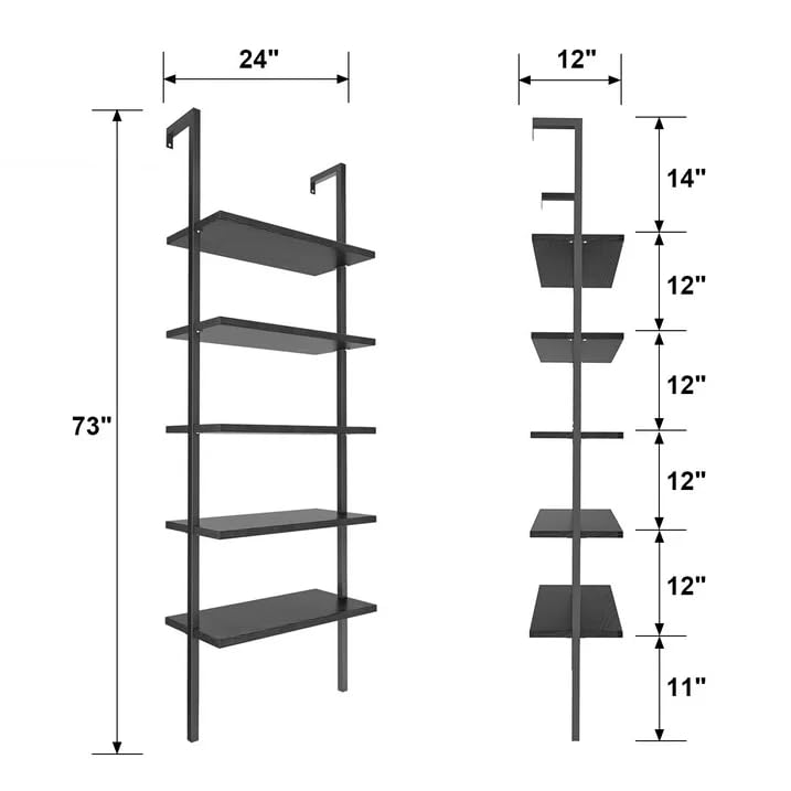 5-Tier Metal Ladder Shelf - Wood Wall Mounted Bookcase & Open Display Organizer for Living Room, Office, Hallway - Space Saving Storage Solution for Books, Decor & Essentials (Black)