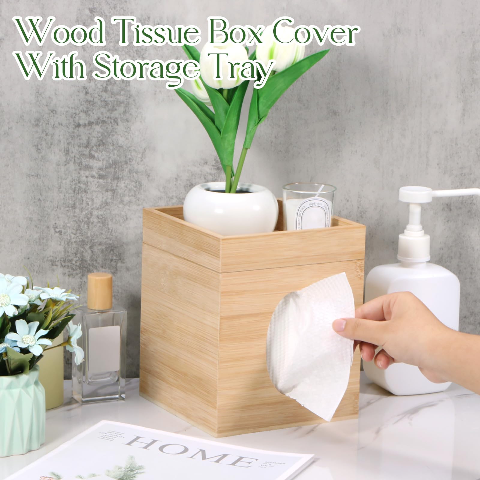 Bamboo Tissue Box Cover with Storage Tray - 6