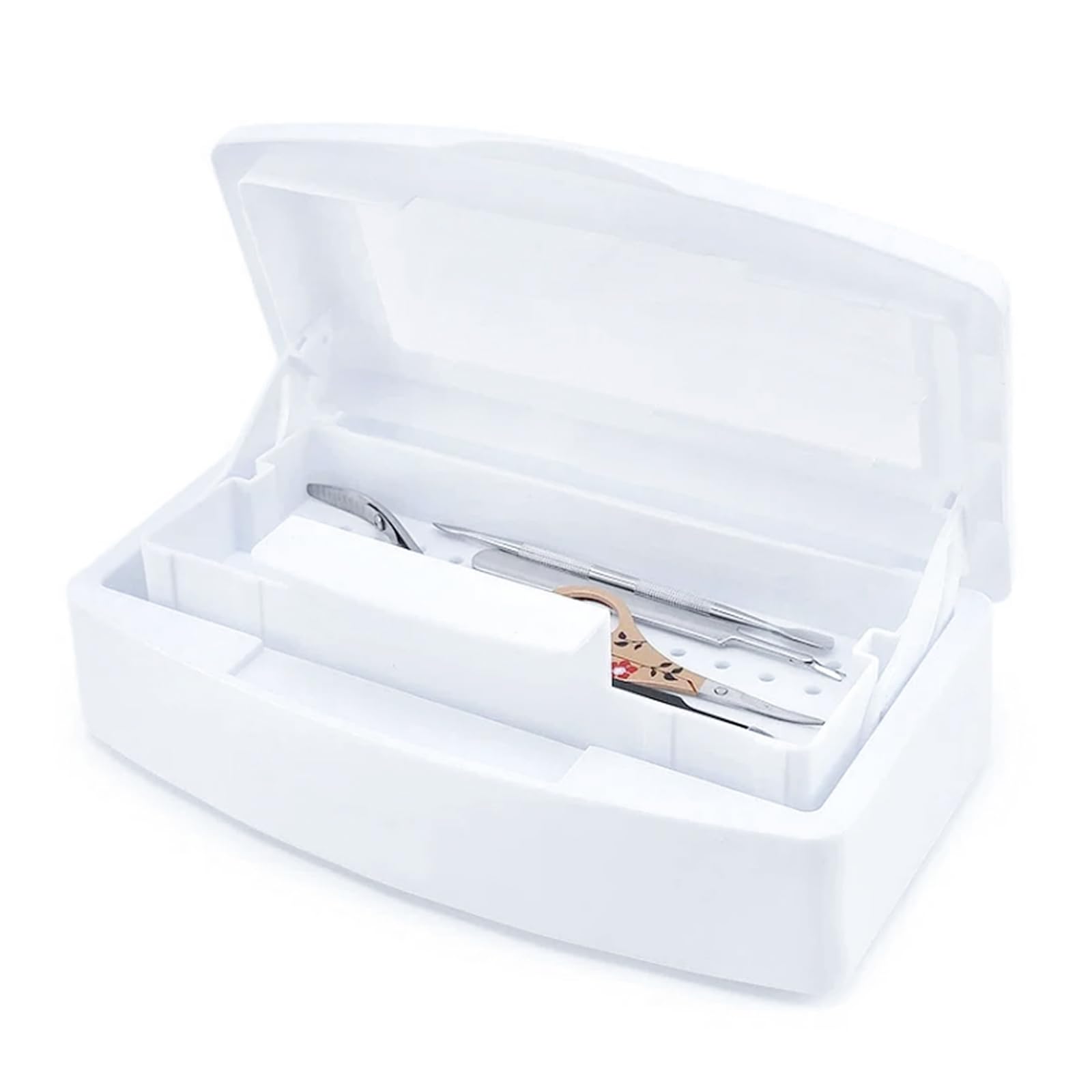 Professional Nail Tool Sterilizer Box - UV Sanitizer for Nail Clippers, Tweezers & Manicure Tools | Portable Disinfection Tray for Salon, Spa & Home Use | White Plastic Hygiene Case for Nail Artists & Estheticians