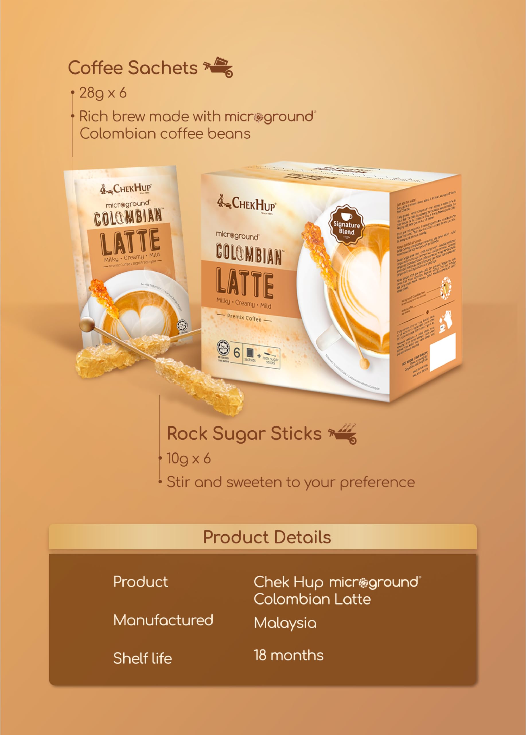 Premium Chek Hup Microground Colombian Latte Instant Coffee - 6 Sachets per Box (15 Boxes) - Perfect for Office, Travel & Home Brewing