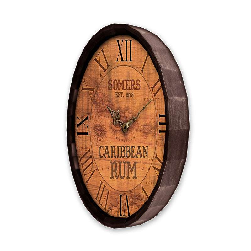 Handmade Wooden Barrel Top Clock - Caribbean Rum Themed Vintage Wall Decor for Home, Bar & Office - Perfect for Bourbon, Whiskey & Rum Lovers