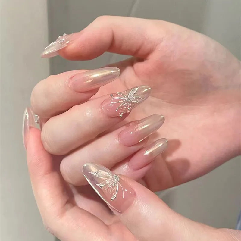 24Pcs Long Press on Nails with Gradient & Butterfly Rhinestone Design - Full Cover Detachable Fake Nails for Women - Oval Shaped Fashion Nail Tips for Parties, Weddings & Special Occasions
