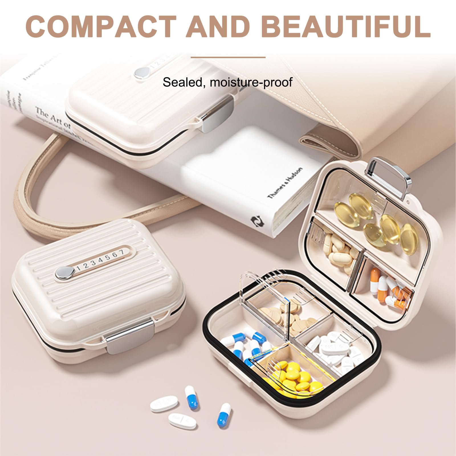 2-Pack 7-Compartment Travel Pill Organizer Box with Medicine Labels | Portable Daily Medication Case for Vitamins, Supplements & Pills | Perfect for Travel, Work, Gym & Home Use (Pearly White, S+L Size)