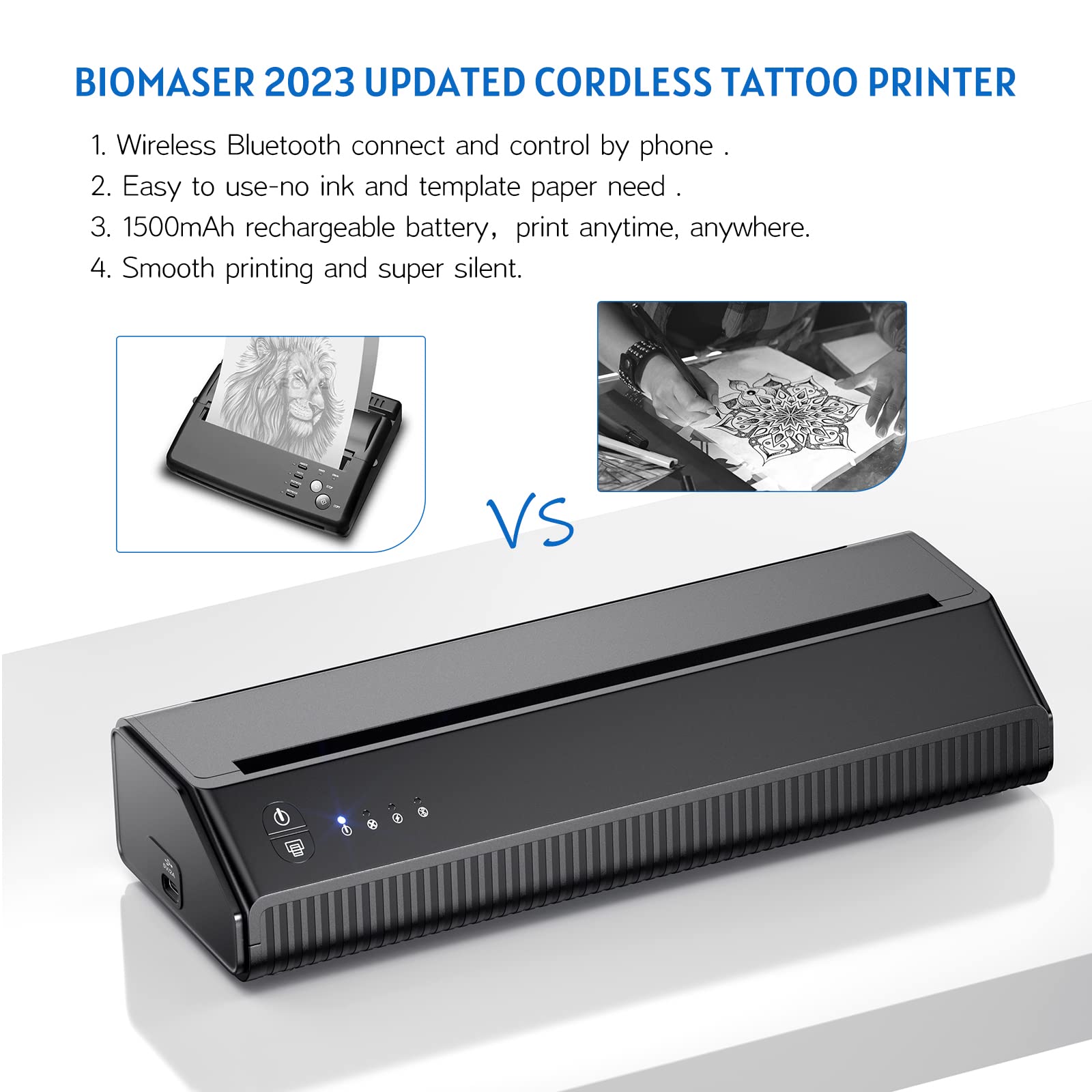 BIOMASER Wireless Thermal Printer for Tattoo Stencils - A4 Bluetooth Thermal Transfer Printer Compatible with iOS & Android Smartphones - Perfect for Tattoo Artists, Body Art Professionals & Temporary Tattoo Designs