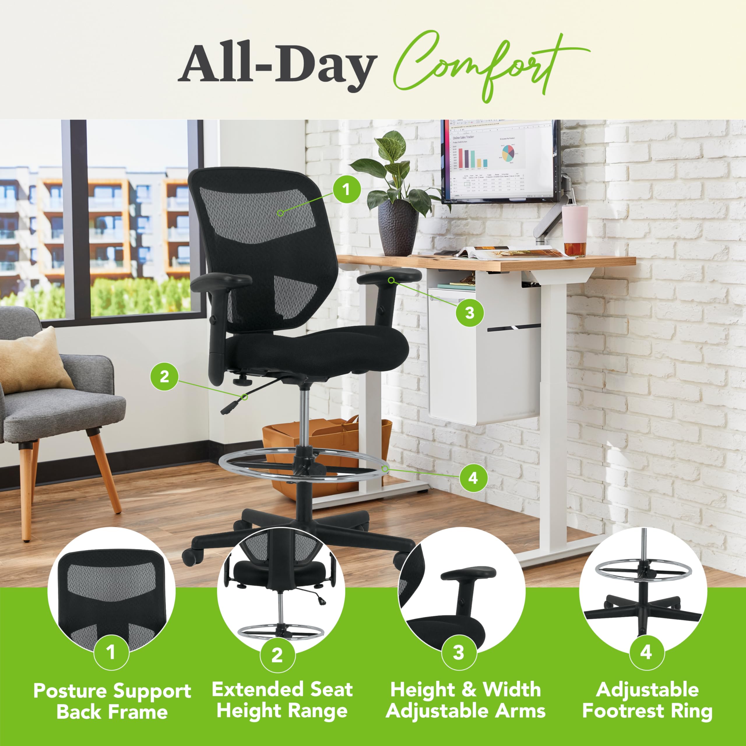 HON Prominent Standing Desk Chair - Ergonomic Office Chair with Adjustable Height, High Back Support & Foot Rest - Perfect for Home Office, Gaming & Workspaces