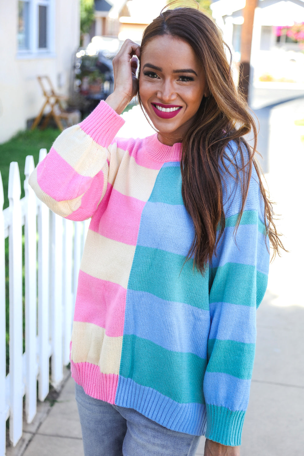 Stylish Blush & Blue Stripe Color Block Knit Sweater for Women | Trendy Casual Pullover | Perfect for Fall Outfits, Date Nights & Cozy Weekends