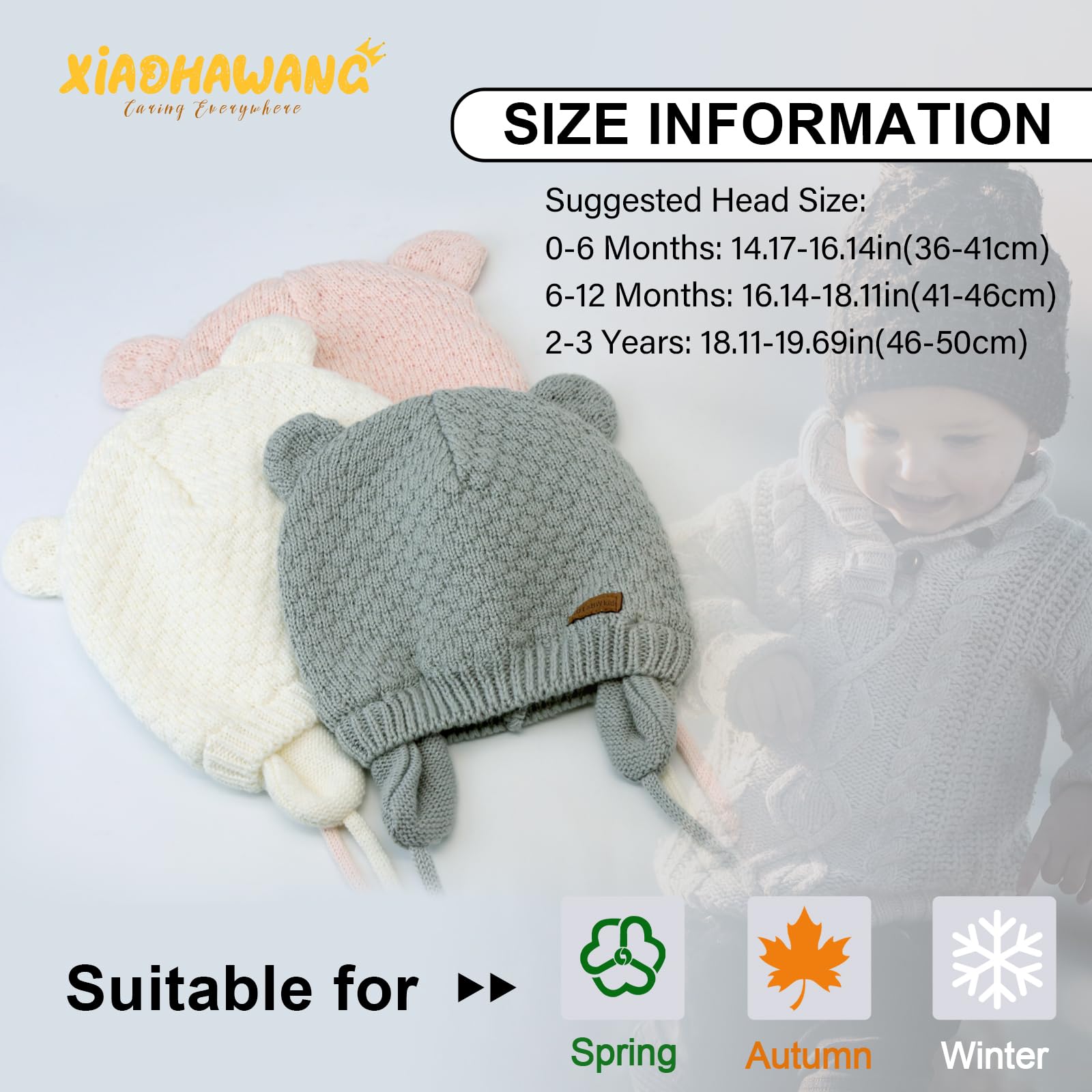 XIAOHAWANG Baby Hat - Cute Bear Toddler Earflap Beanie for Boys & Girls - Warm Winter Knit Hat for Infants 0-24 Months - Soft Fleece Lined for Fall & Winter Outdoor Play