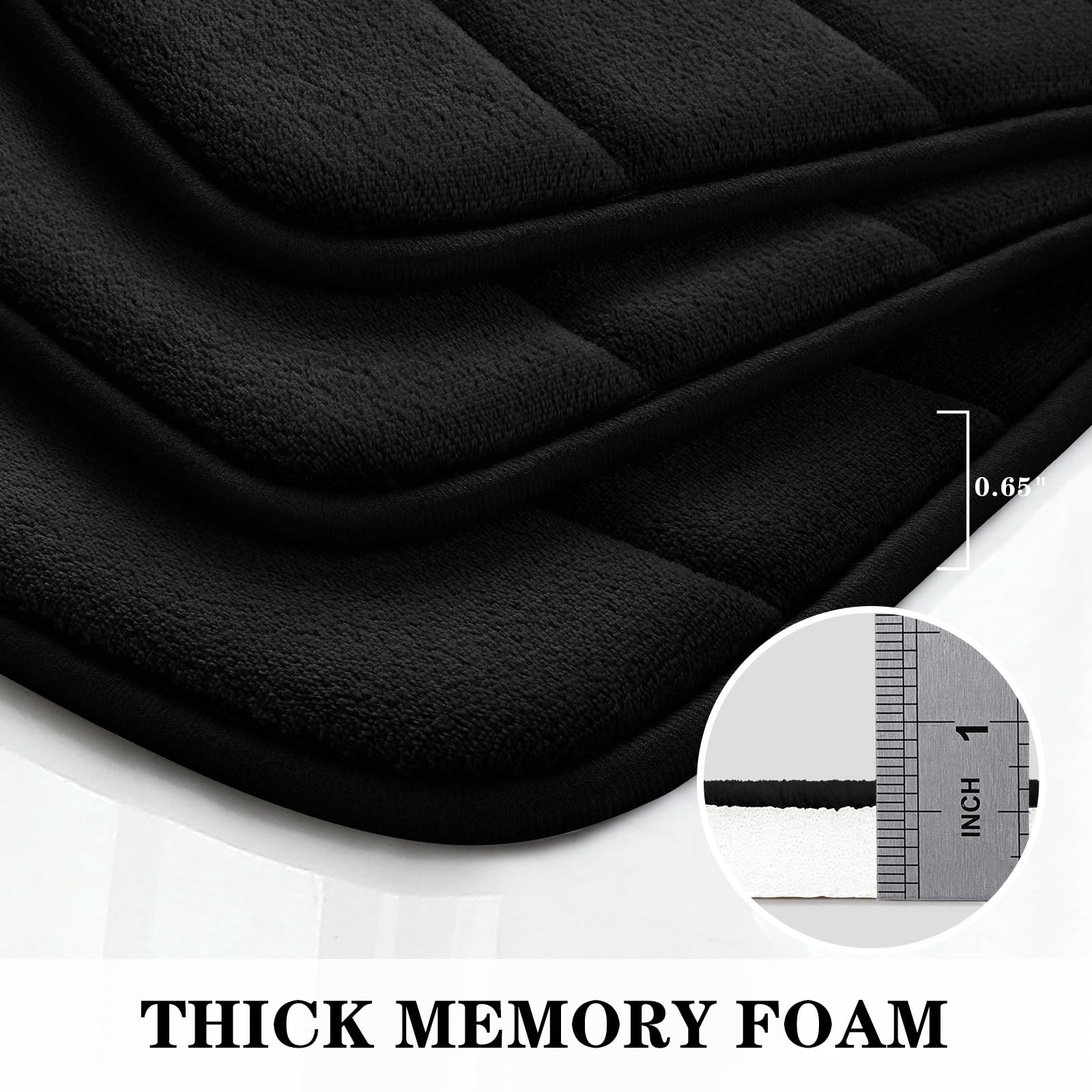 BYSURE 3-Piece Black Memory Foam Bathroom Rug Set - Non-Slip, Super Soft & Absorbent, Machine Washable Bath Mats for Toilet & Shower - Perfect for Bathroom Safety and Comfort