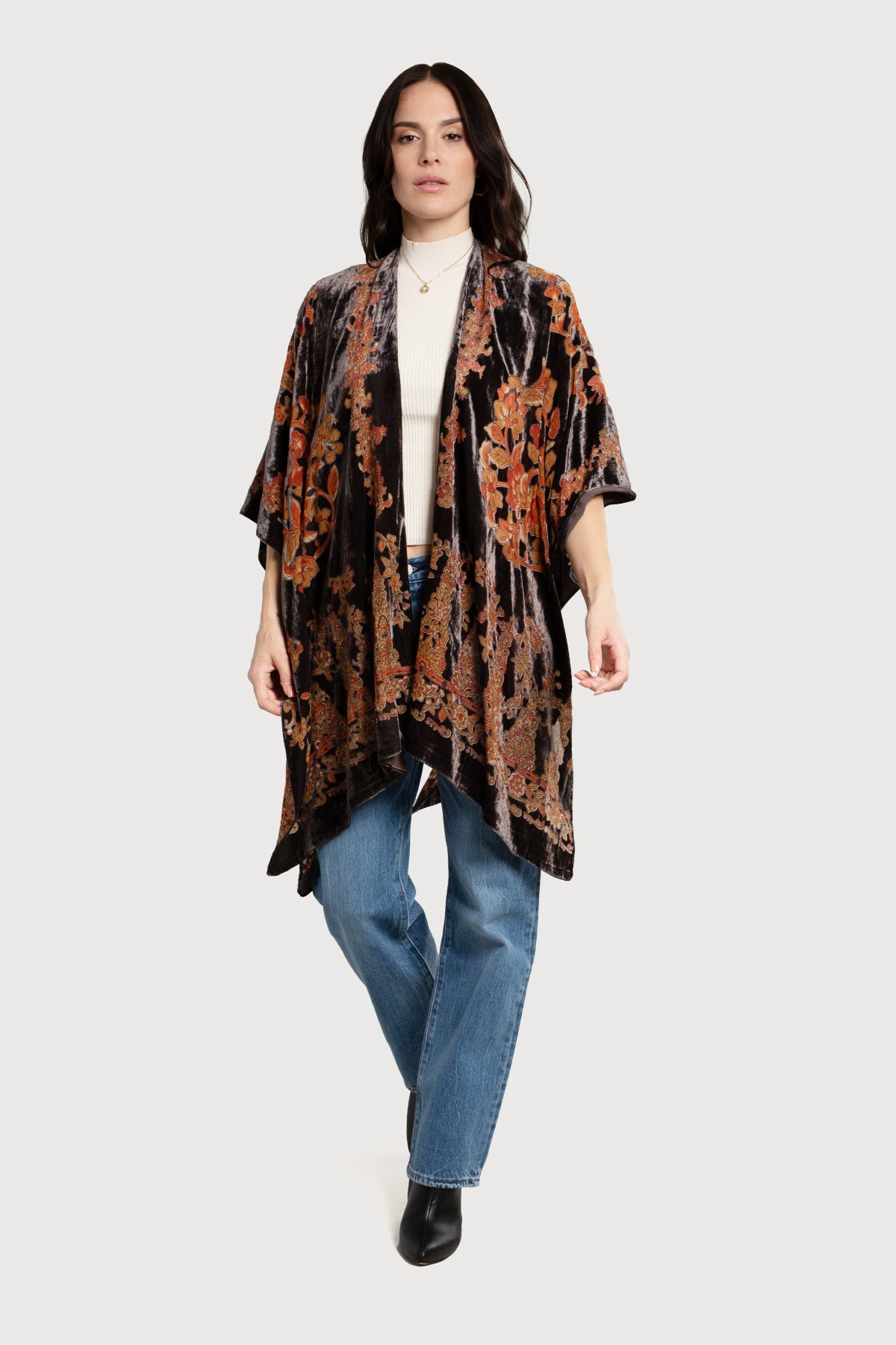 Black Velvet Ruana Shawl with Floral Embroidery - Elegant Women's Wrap for Evening Parties, Weddings & Special Occasions