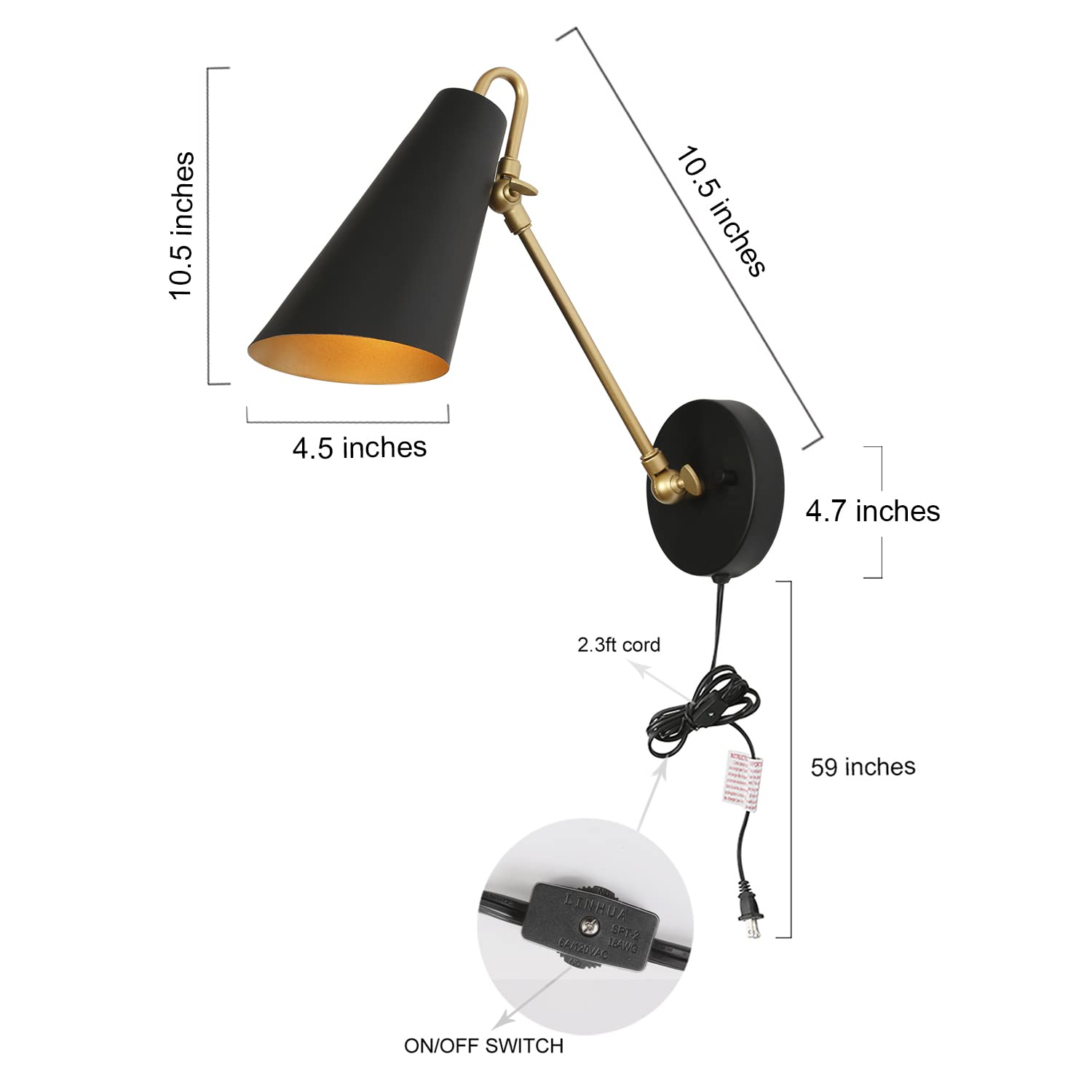 ZEVNI Modern Swing Arm Wall Lamp - Plug-in Wall Sconce with Adjustable Slant-Cut Metal Shade, Black Gold Finish | Perfect for Bedroom, Living Room & Office Lighting