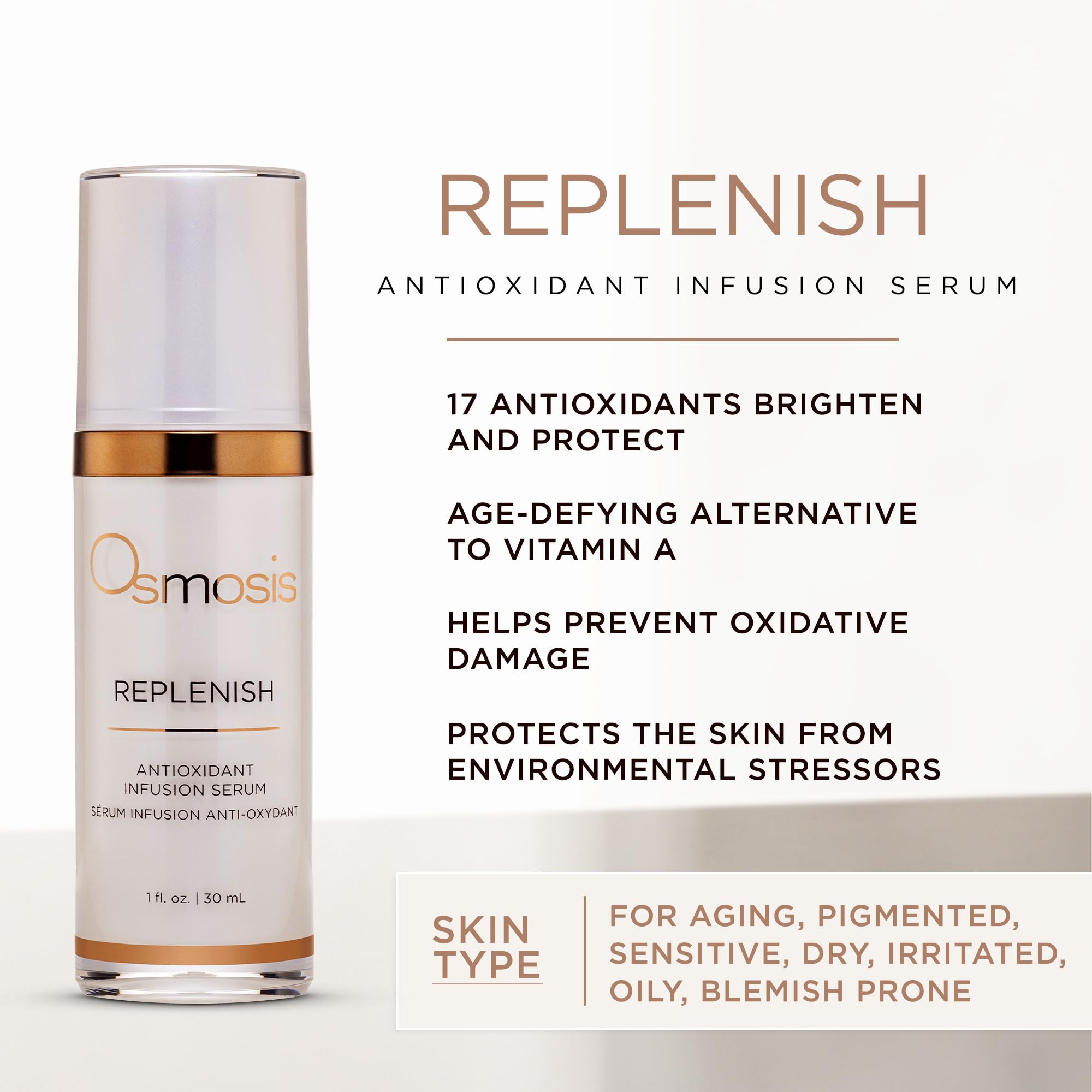 Osmosis REPLENISH Antioxidant Serum - Hydrating & Soothing Facial Treatment with Green Tea & Botanical Extracts for Dry & Sensitive Skin, 1 Fl Oz | Perfect for Daily Skincare Routine & Post-Sun Care