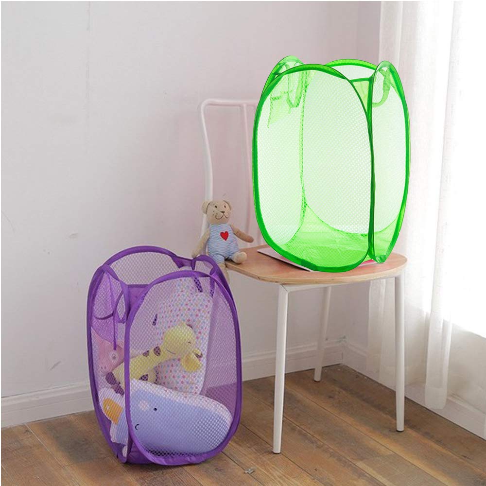 Qtopun Foldable Mesh Laundry Hamper, 2-Pack Portable Clothes Basket for Bedroom, Kids Room, College Dorm & Travel - Green & Orange | Space-Saving Storage Solution for Home Organization