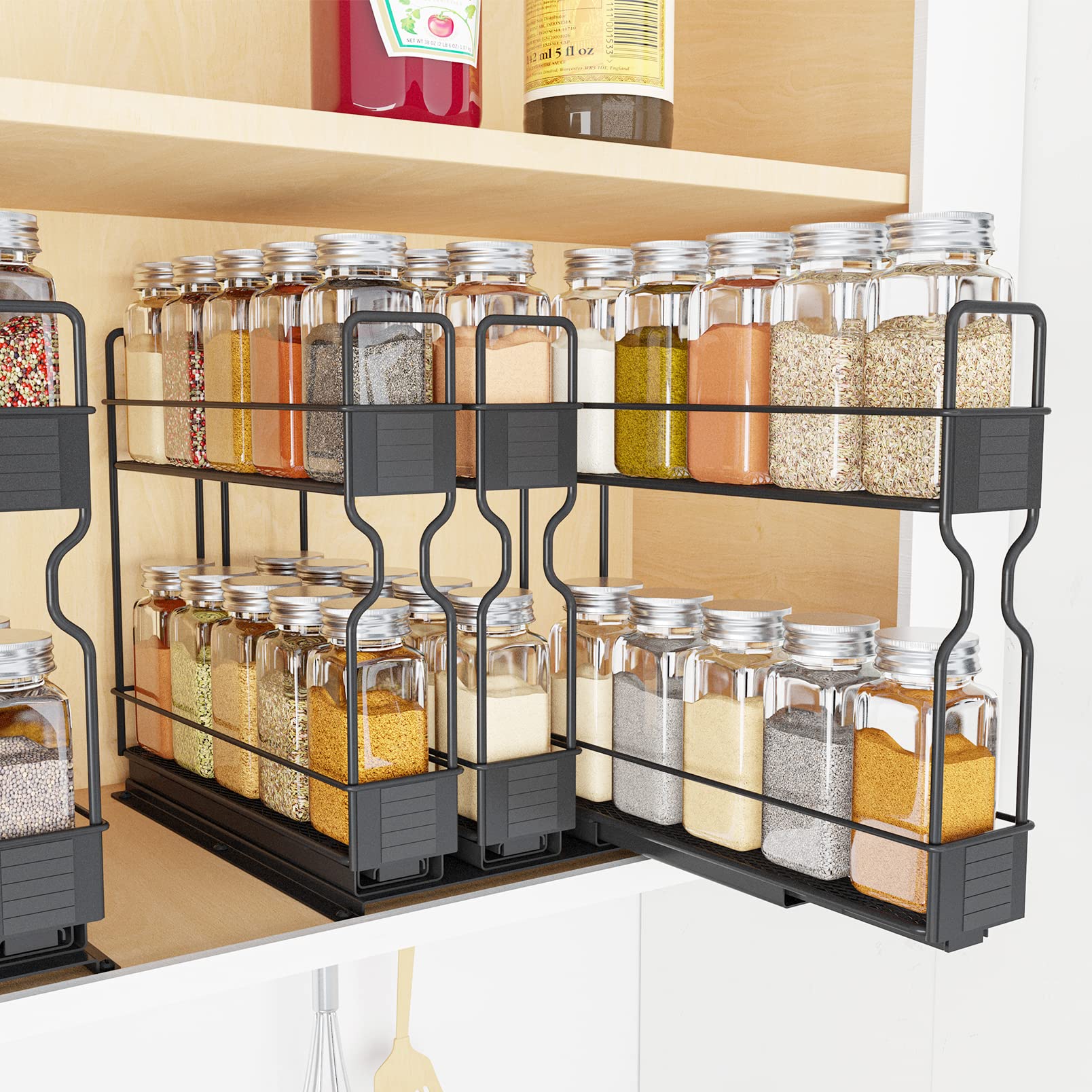 SpaceAid Pull-Out Spice Rack Organizer with 30 Jars - 3-Tier Slide-Out Cabinet Organizer for Kitchen, Pantry & Countertop - Includes Labels (7.7