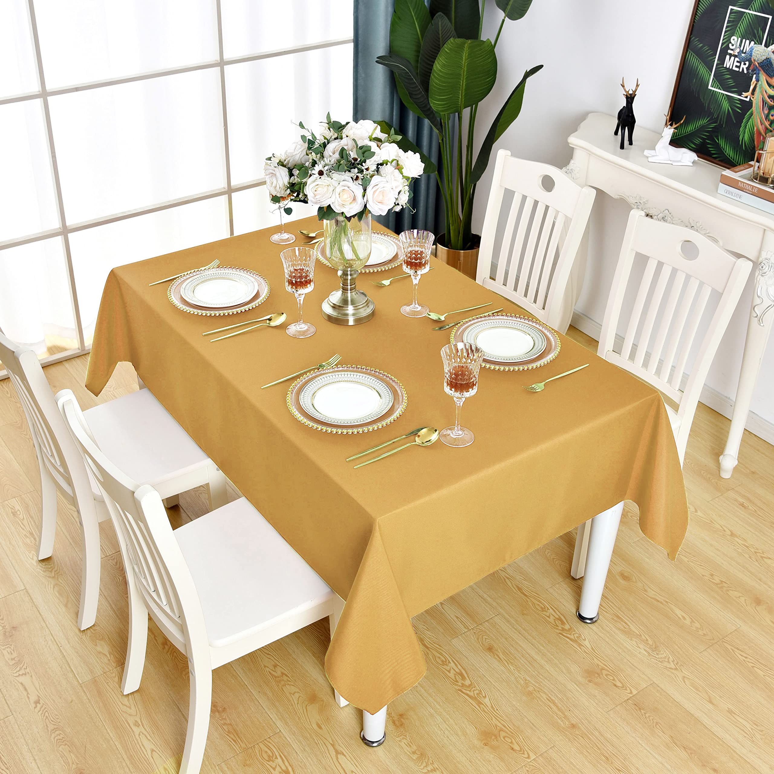 Premium Gold Rectangle Tablecloth - Waterproof, Stain & Wrinkle Resistant 210GSM Polyester Table Cover for Parties, Weddings, Banquets - Indoor/Outdoor Use - Easy to Clean - 60