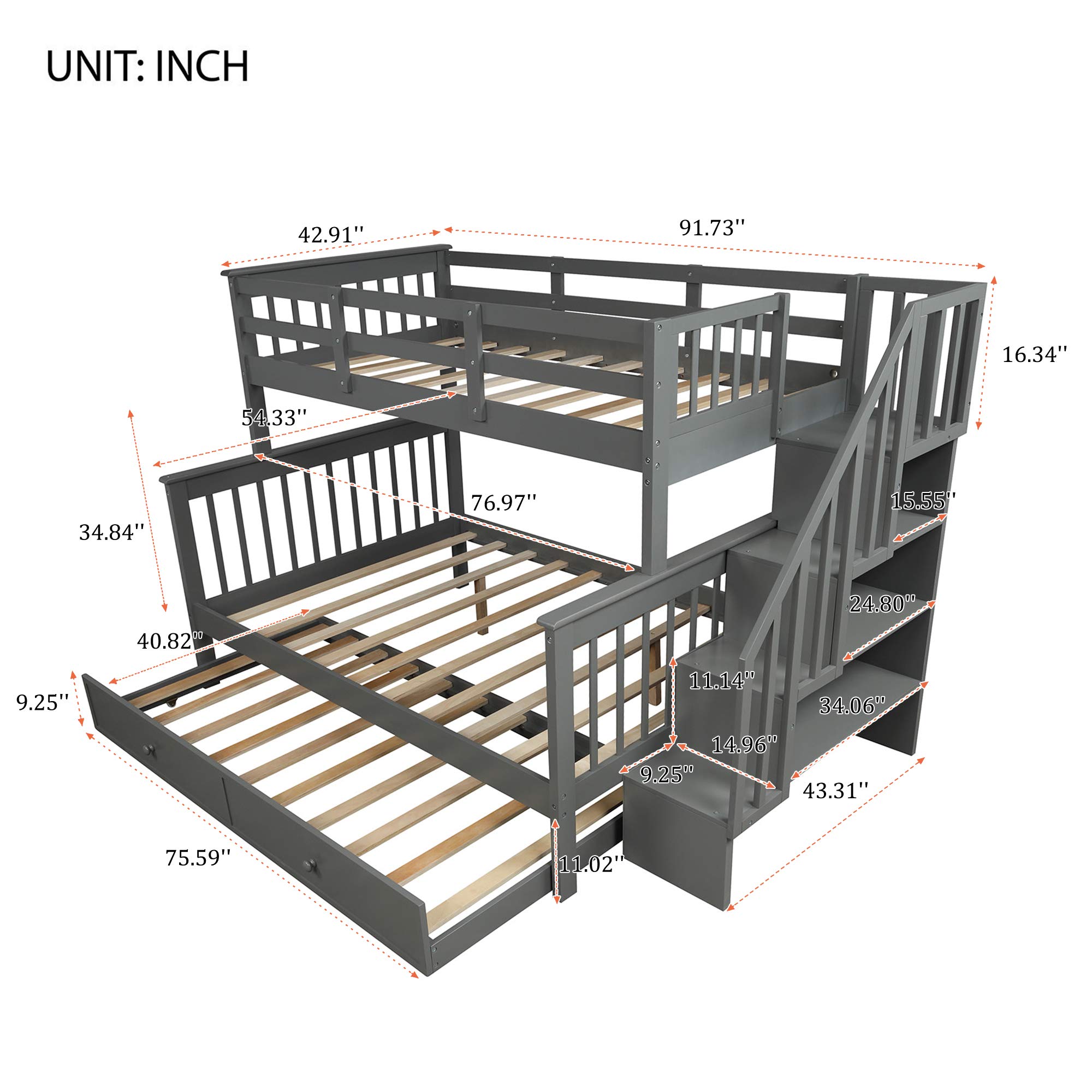 Solid Wood Twin-Over-Full Bunk Bed with Trundle, Storage & Safety Rail - Space-Saving Kids Bedroom & Dorm Furniture for Siblings or Sleepovers (Gray)