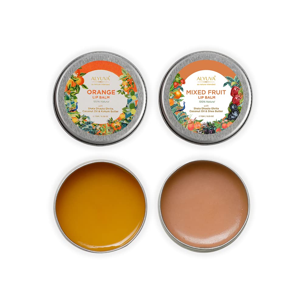 Alyuva Combo Pack - 100% Natural Ghee Enriched Orange & Mixed Fruit Lip Balms (7g Each) | Hydrating & Nourishing for Dry, Chapped Lips | Perfect for Winter, Travel & Daily Lip Care